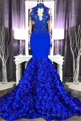 Elegant Long Sleeves Lace Appliques Prom Party Gowns on Sale Fit and Flare Royal Blue Floral Prom Party Gowns with Keyhole